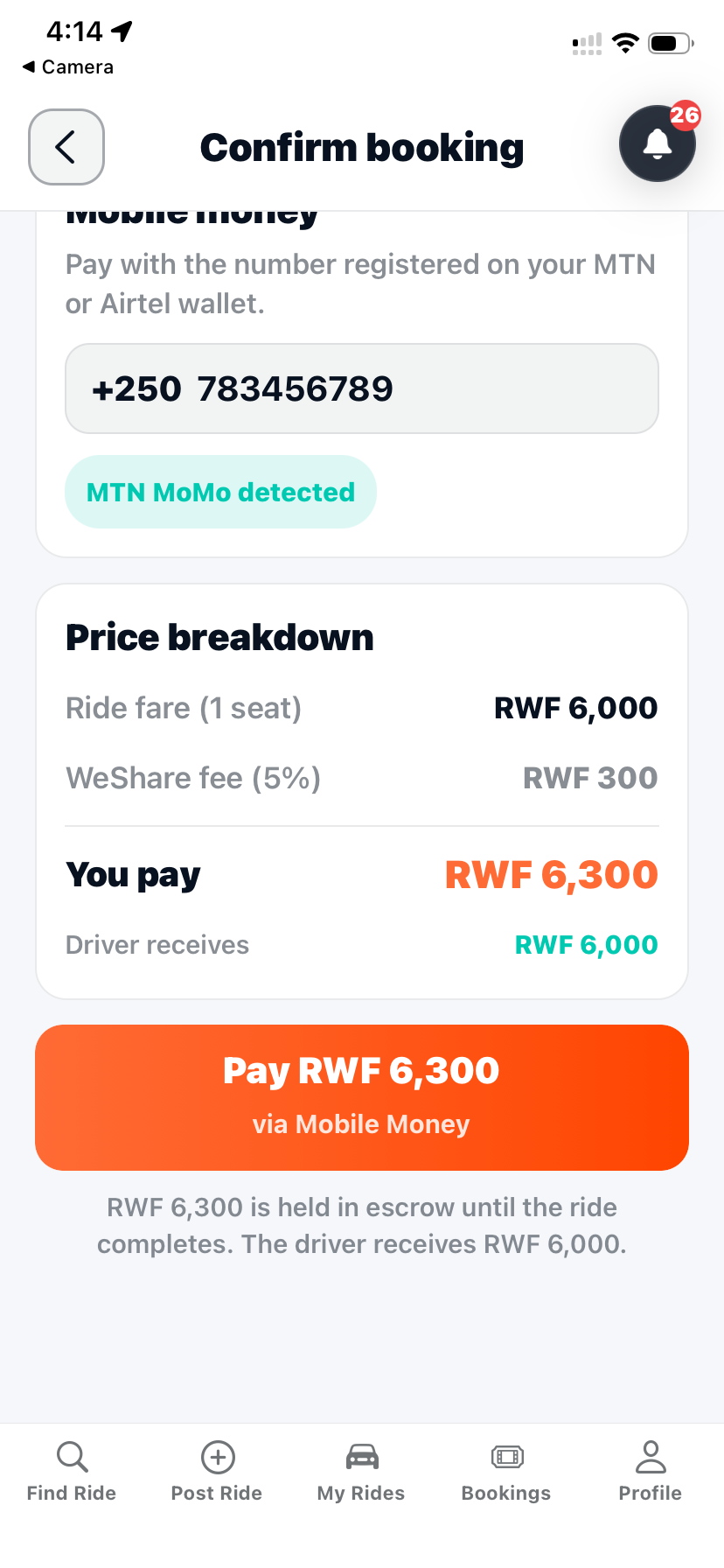 Mobile money payment screen in WeShare