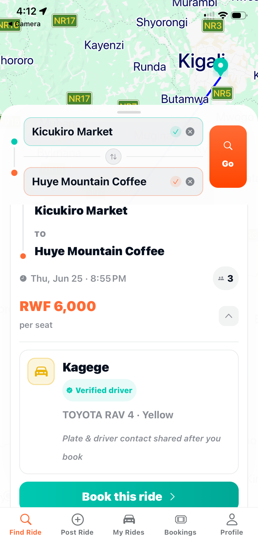 Ride listing with driver details and price per seat